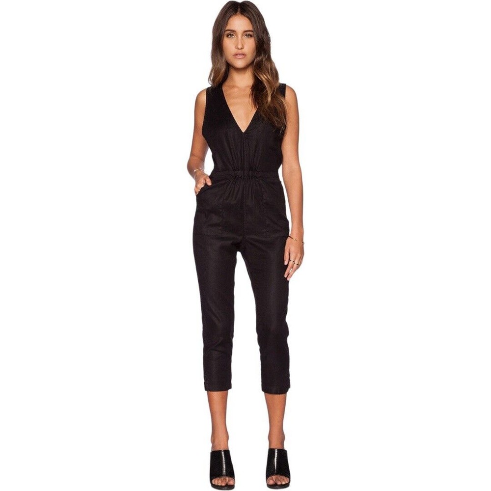 LACAUSA Women's Large Trek Jumpsuit Black Linen Blend Sleeveless Crop Minimalist